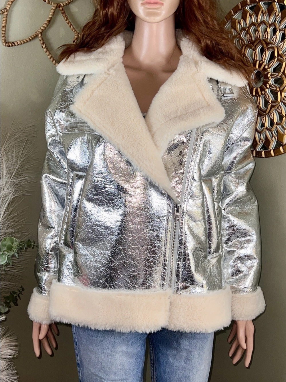 NWT BLANKNYC Shinning Star Metallic Moto Jacket Faux Leather/Sherpa Small - Picture 5 of 16